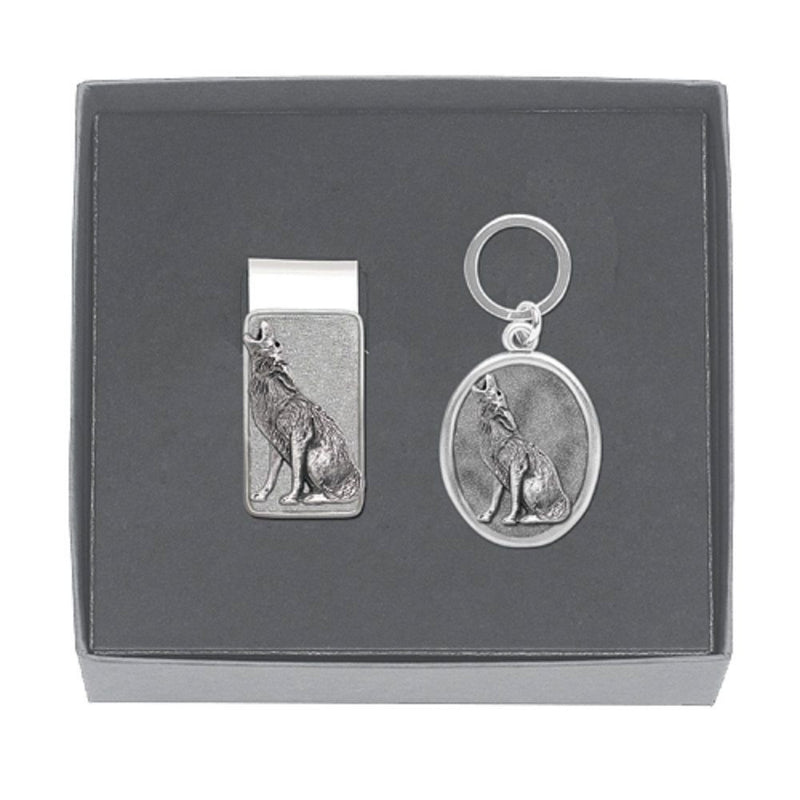 Coyote Money Clip AND Key Chain Mens GIFT SET Solid PEWTER w/Gift Box