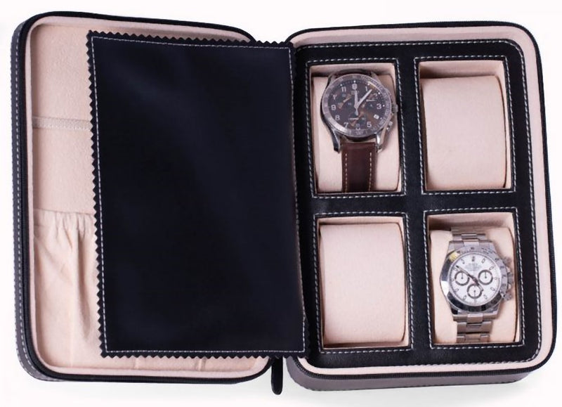 Bey-Berk 4 Watch and Accessory Case Black Leather