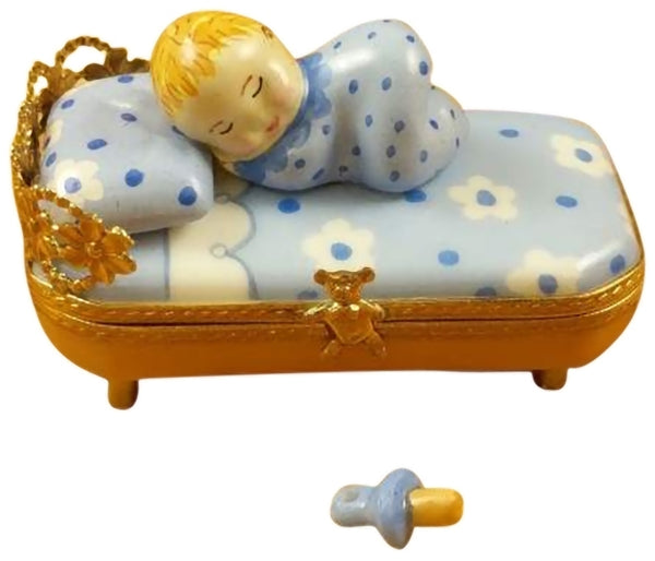 Rochard Limoges Baby in Blue Bed w/Pacifier Trinket Box
