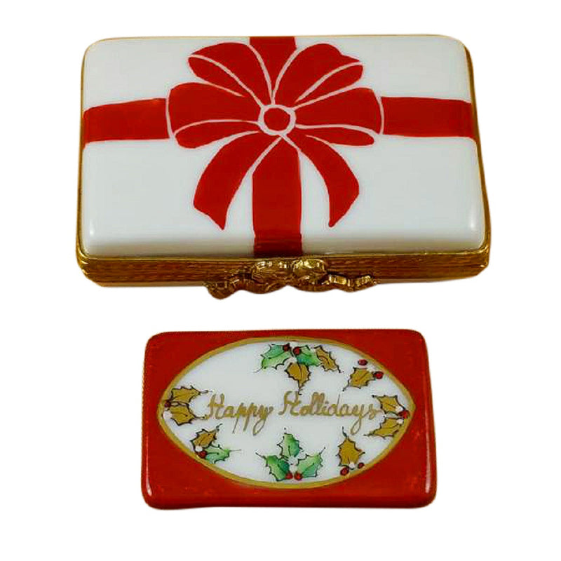 Rochard Limoges Gift Bow with Red Bow ~ Happy Holidays Trinket Box
