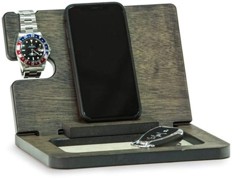Bey-Berk Wooden Valet and Phone Charging Station Gray